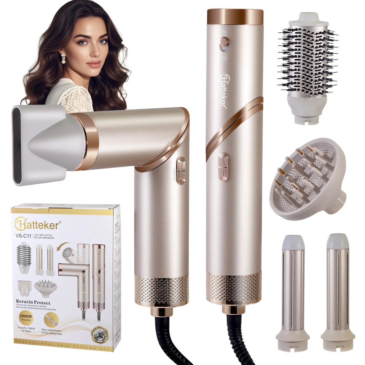 HATTEKER 5-in-1 Profi-Set – Anti-Frizz & Maximales Volumen